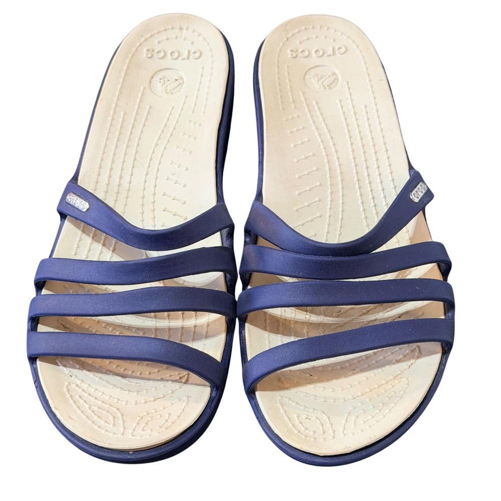 Crocs Isabella Strappy Wedge Sandals Womens 9 Navy Blue Croslite Slide Comfort